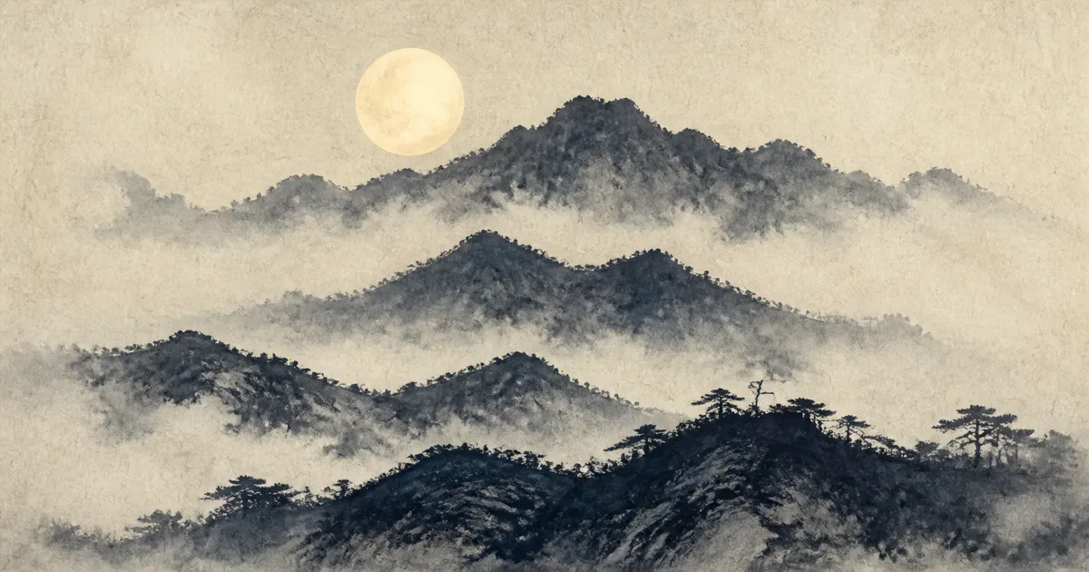한지 질감 배경에 먹 산수화와 둥근 달, 새벽 안개 사이로 능선 네 줄기가 드러나는 동양풍 이미지