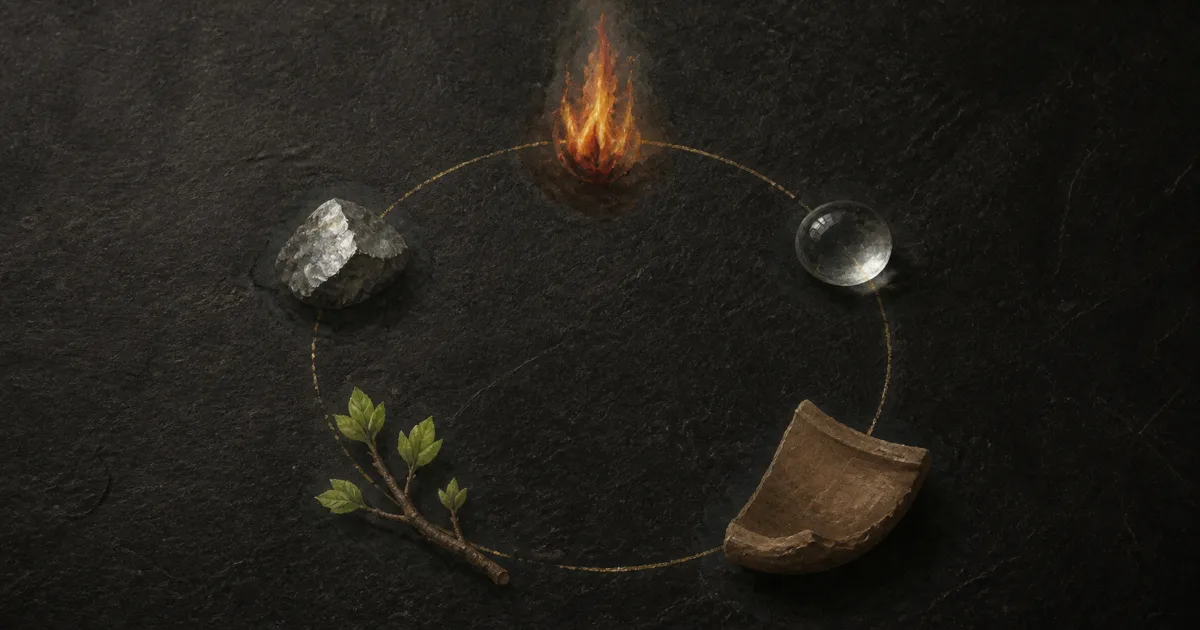 목·화·토·금·수 다섯 원소를 상징하는 자연 오브제가 원형으로 배열된 동양풍 배경 이미지